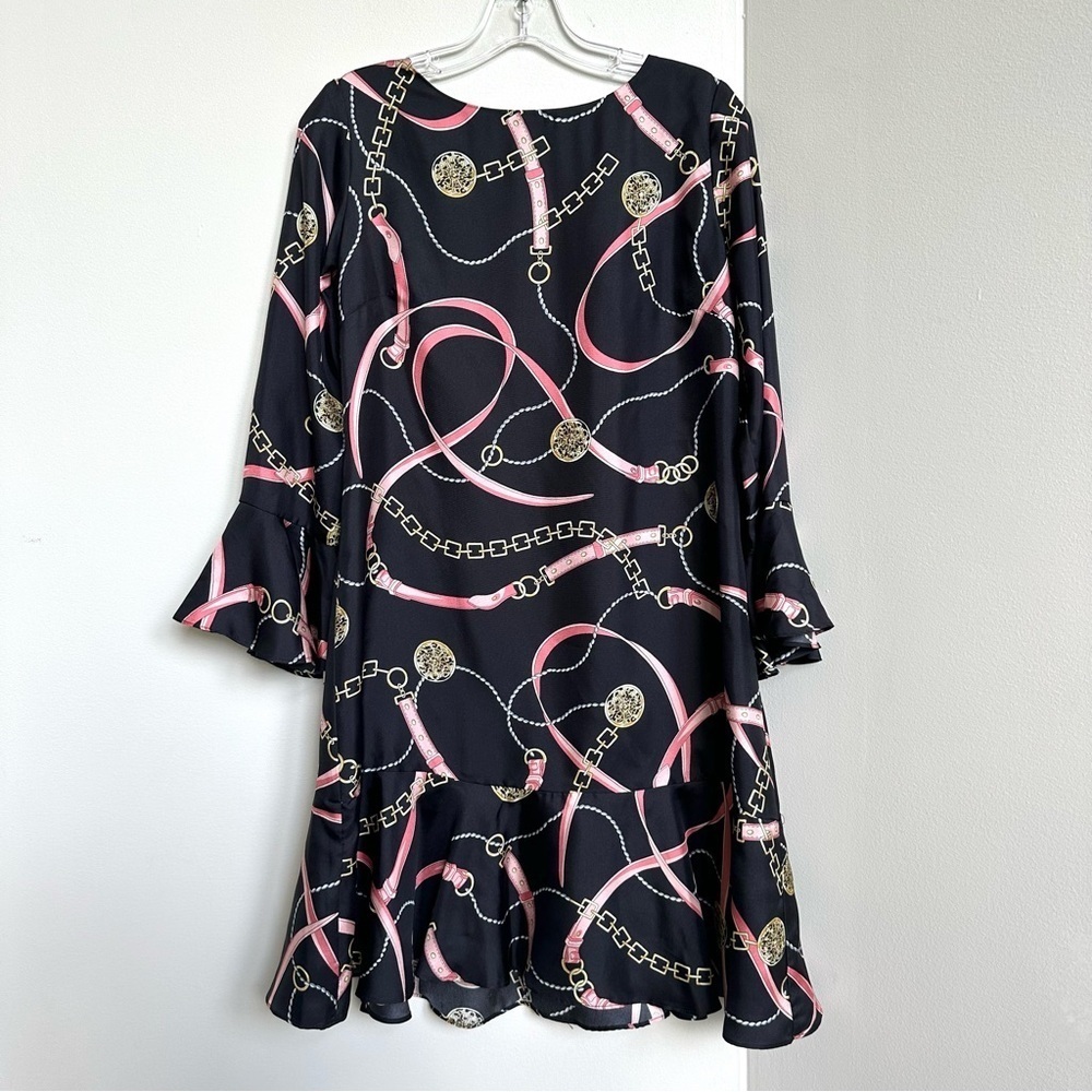 NWT Melly M 100% Silk Equestrian Print Ruffle Sleeve + Hem Mini Dress Black Pink